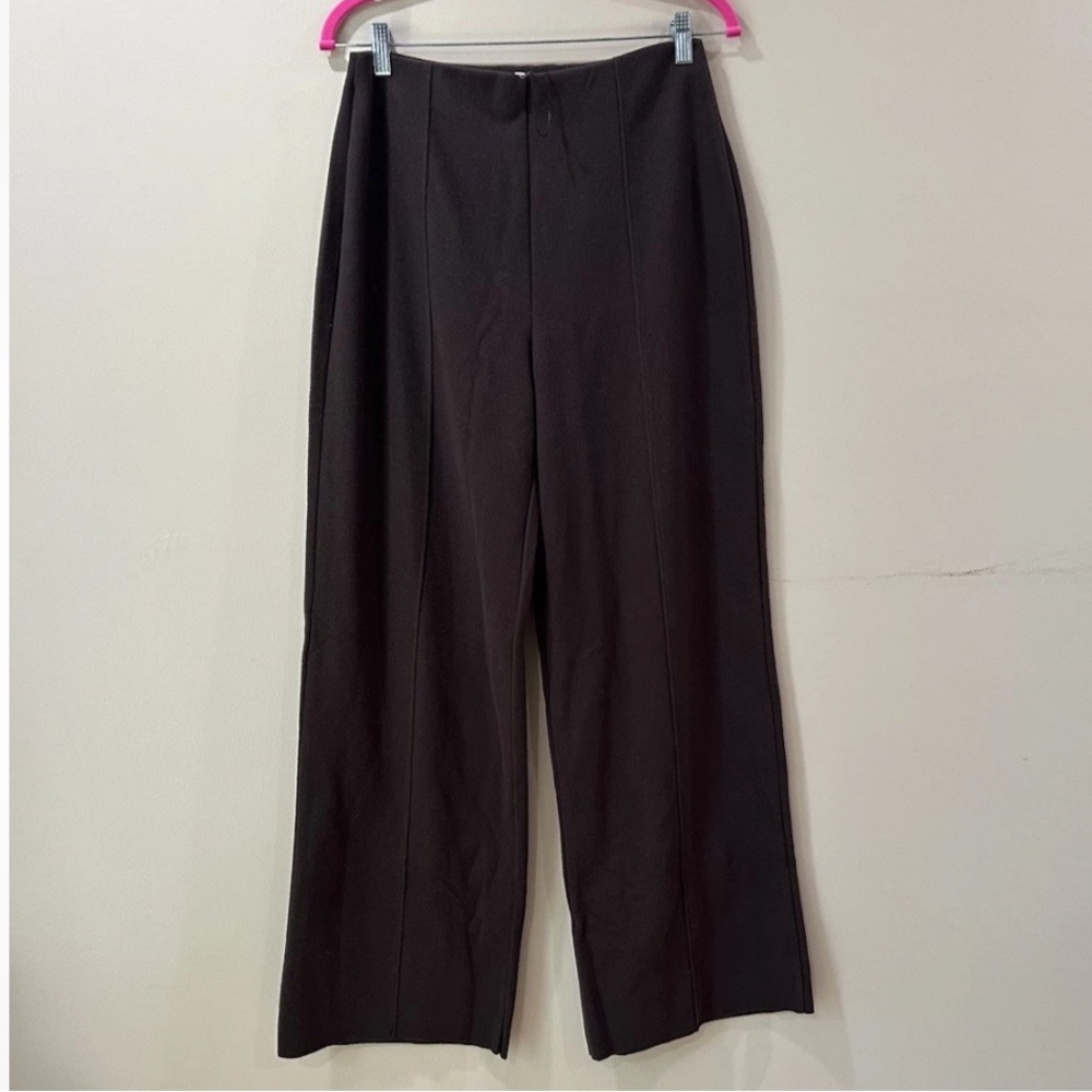 Zara ZW Collection Minimal Wide Leg Pants Dark Brown Knit Pull On Seam Womens M